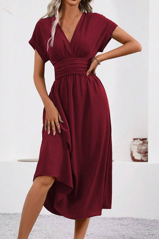 CWDMD4648_SOLID COLOR V-NECK BAT SLEEVE LONG DRESS