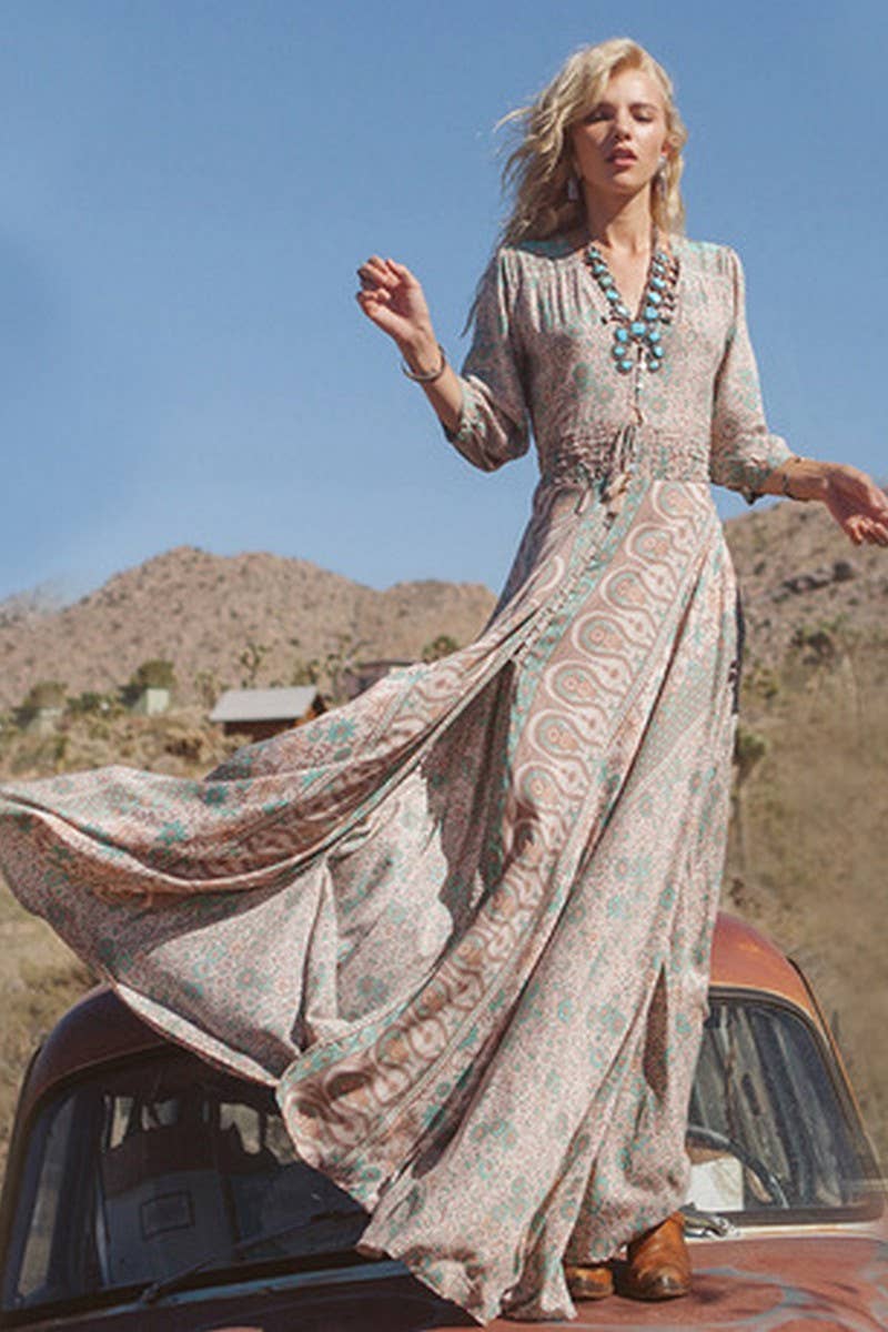 CWDMD01230_V-NECK PRINTED LONG-SLEEVED DRESS