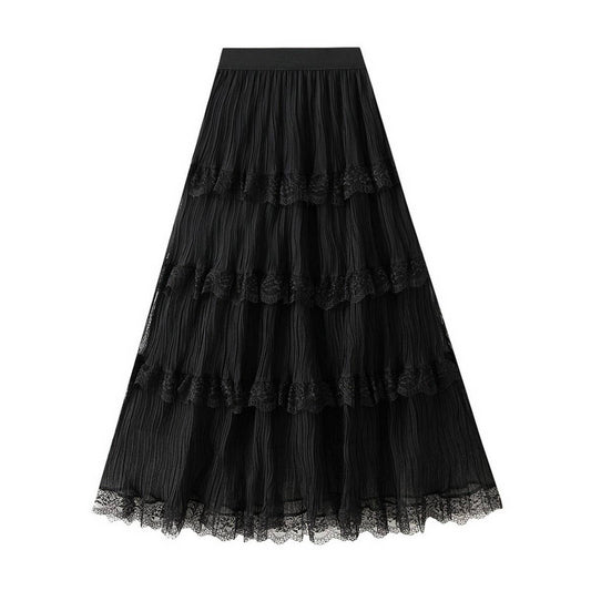 WAVE PLEATED MESH SPLICING LACE SKIRT CAKE SKIRT
