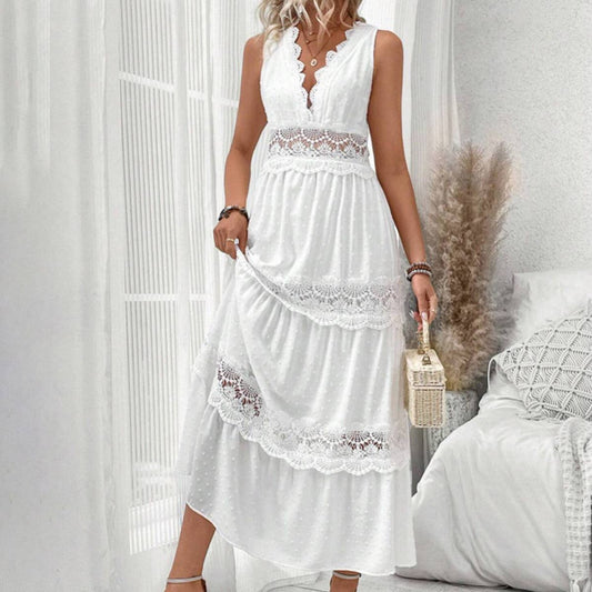 Lace splicing solid color v-neck sleeveless dress