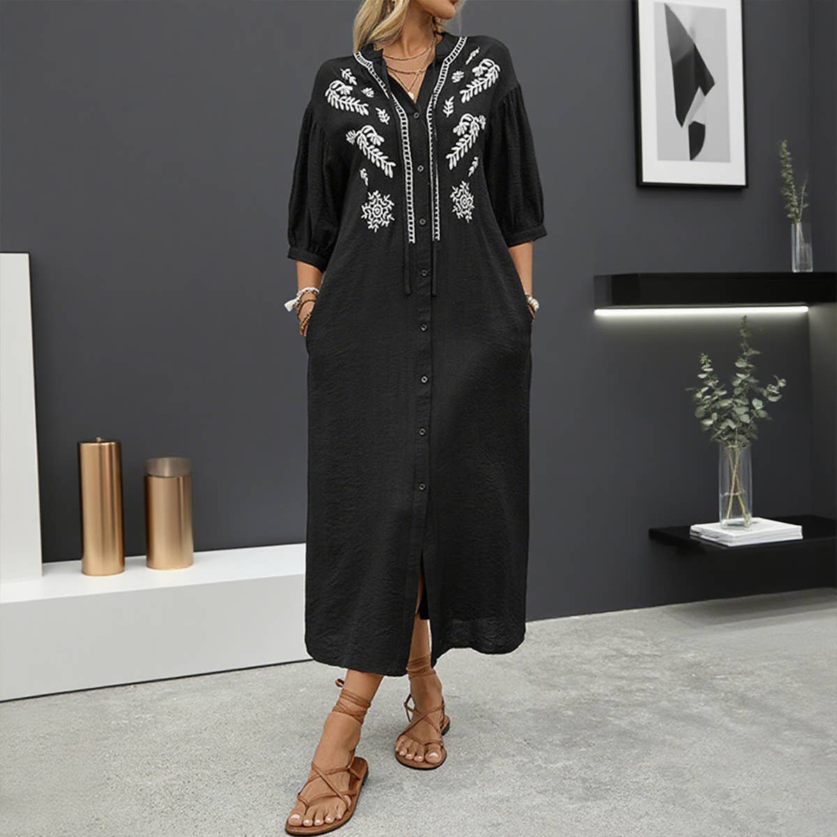Ethnic style loose five-minute sleeve dress