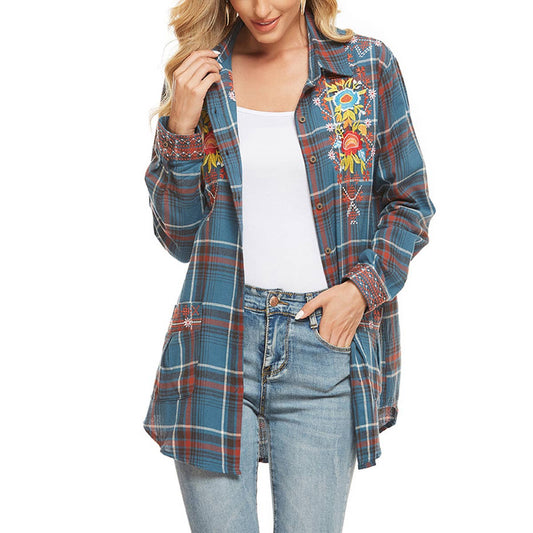 Plaid Embroidery Long Shirt With Pockets