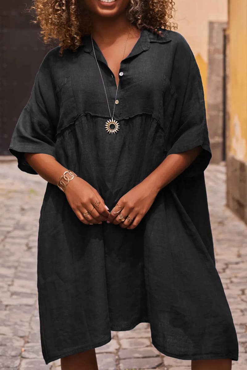 CWDSD8007_LOOSE SOLID COLOR CASUAL BUTTON FASHION DRESS