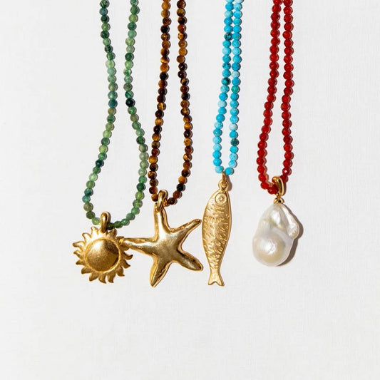 Gold Ocean Charms Necklace ? Fish & Shell Beads
