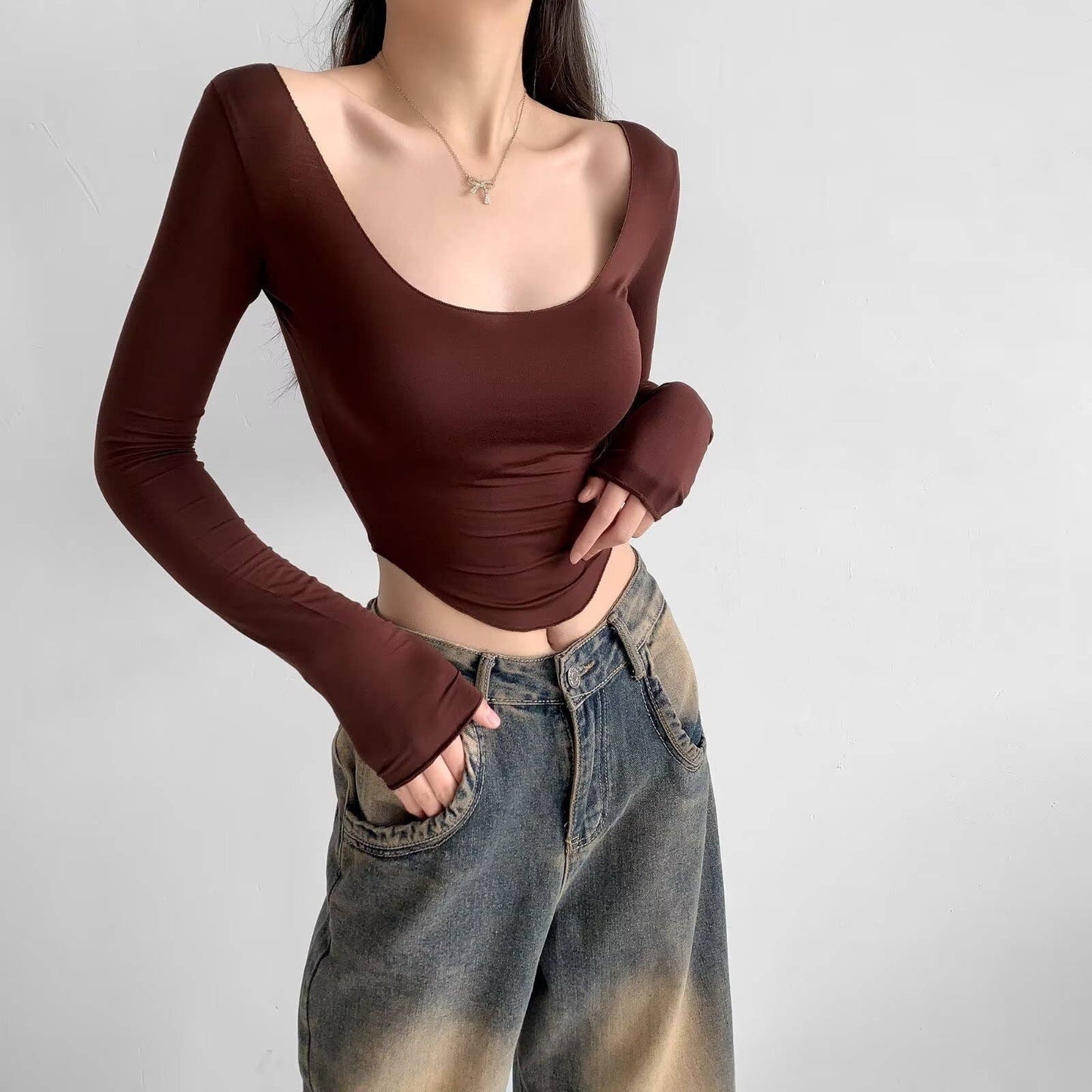 Sexy low-cut,light,short long-sleeved base layer