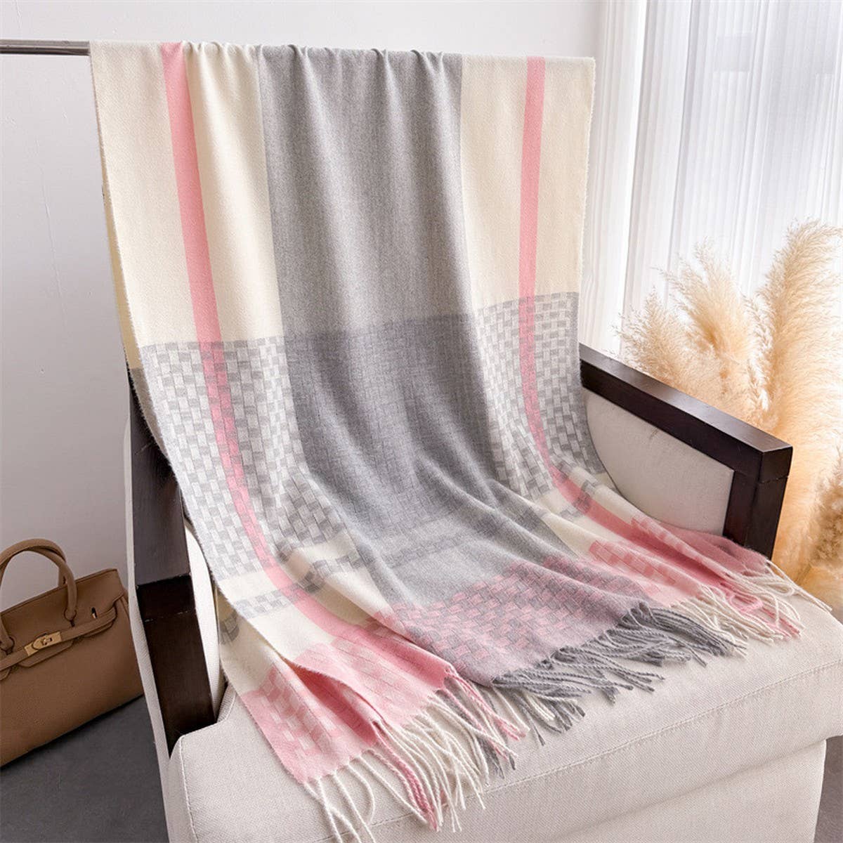 Woven Plaid Fringe Scarf Warm Winter Shawl Wrap_CWASC2779