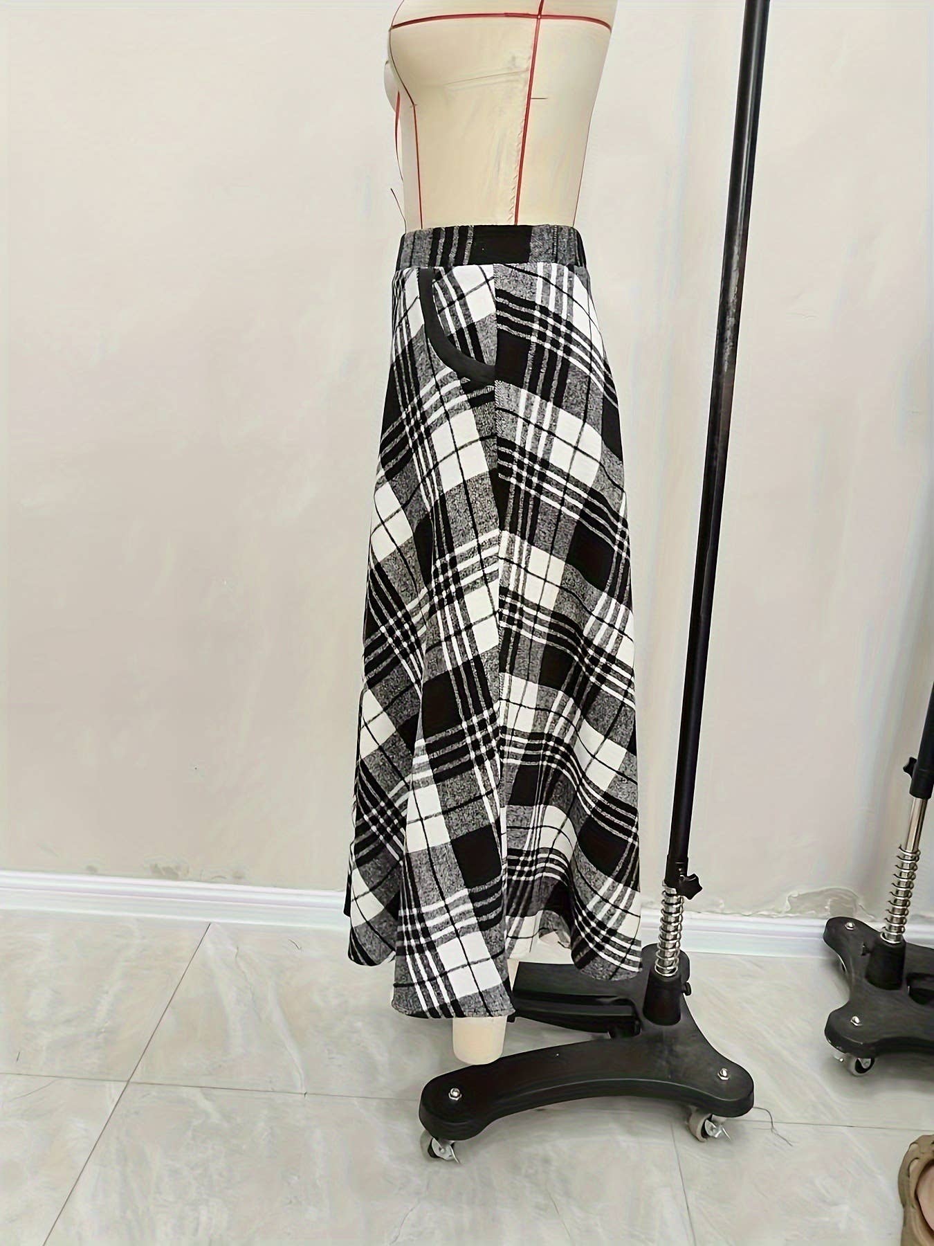 Plaid woolen cloth large pockets long skirts