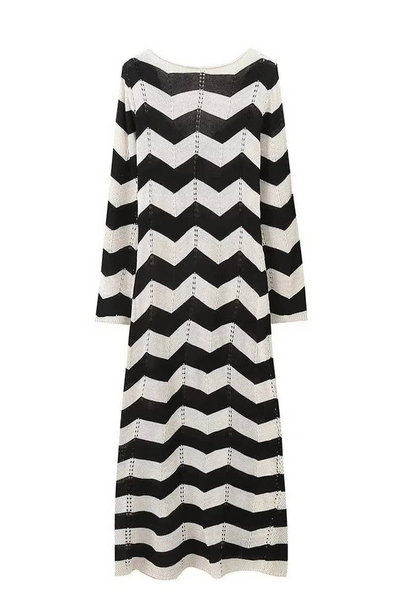 CWDMD4148_LONG-SLEEVED KNITTED ROUND NECK LACE HOLLOW DRESS