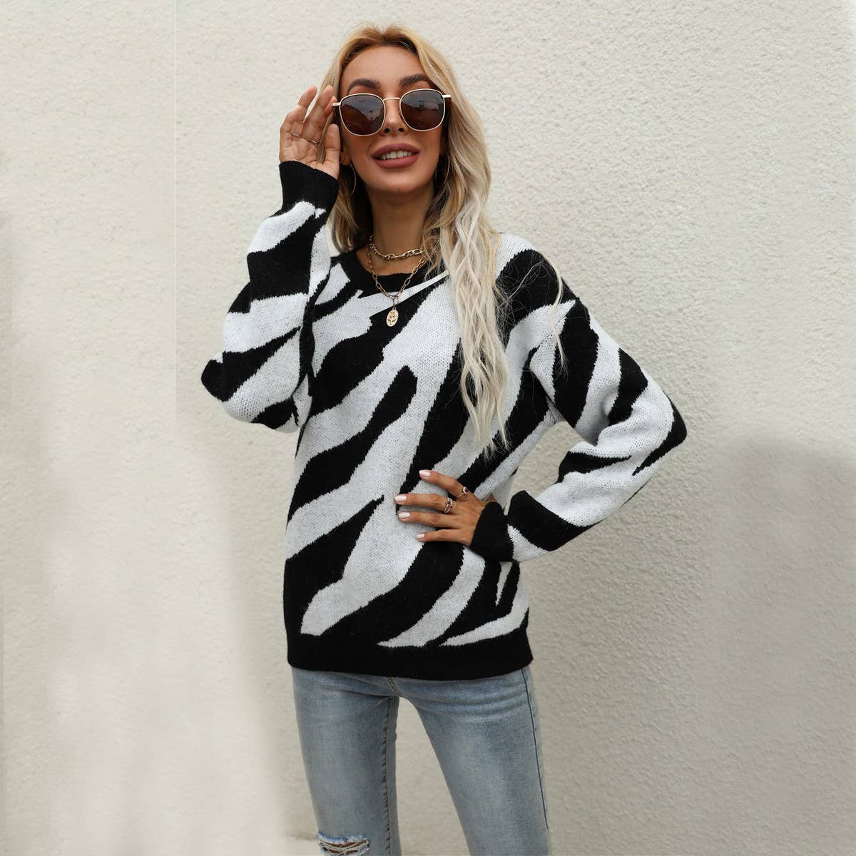 Striped stylish knit pullover sweater