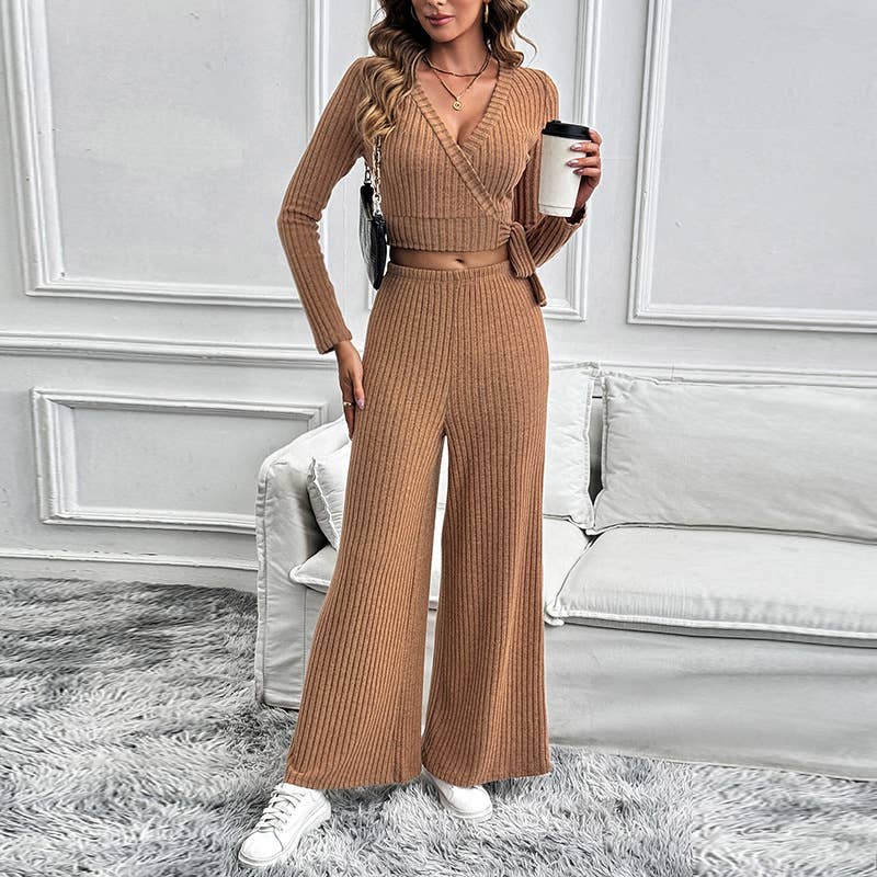 SOLID COLOR TEXTURE BASIC LADIES TWO-PIECE SET