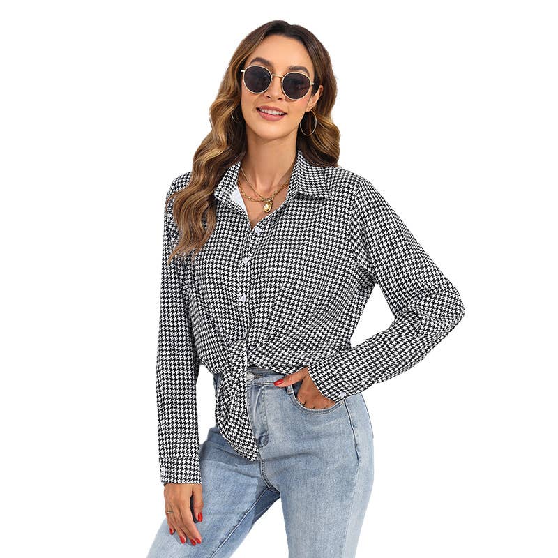 Lapel checked loose casual long-sleeved shirt