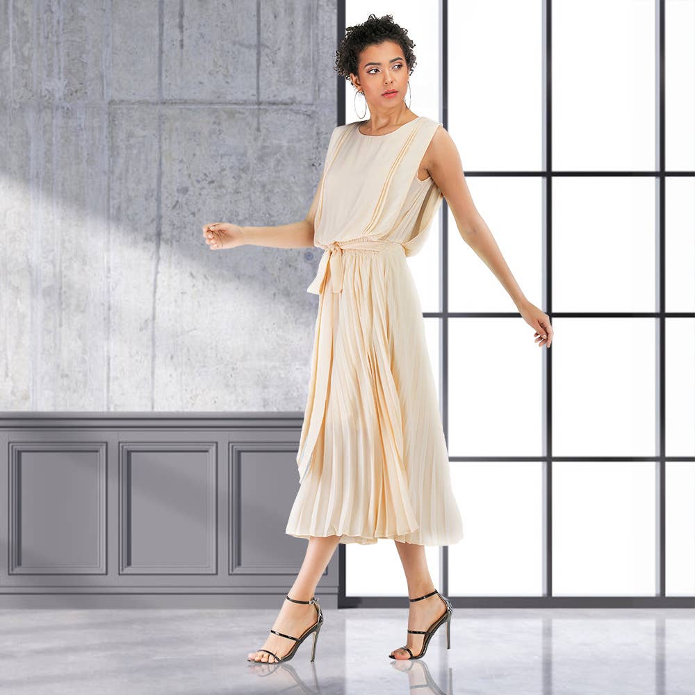 PINCHED BOW PLEATED CHIFFON SLEEVELESS DRESS