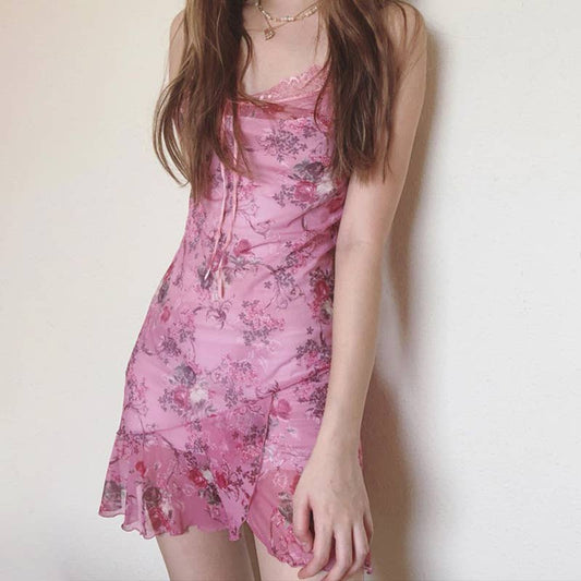 Square neck lace halter strap hip wrap dress