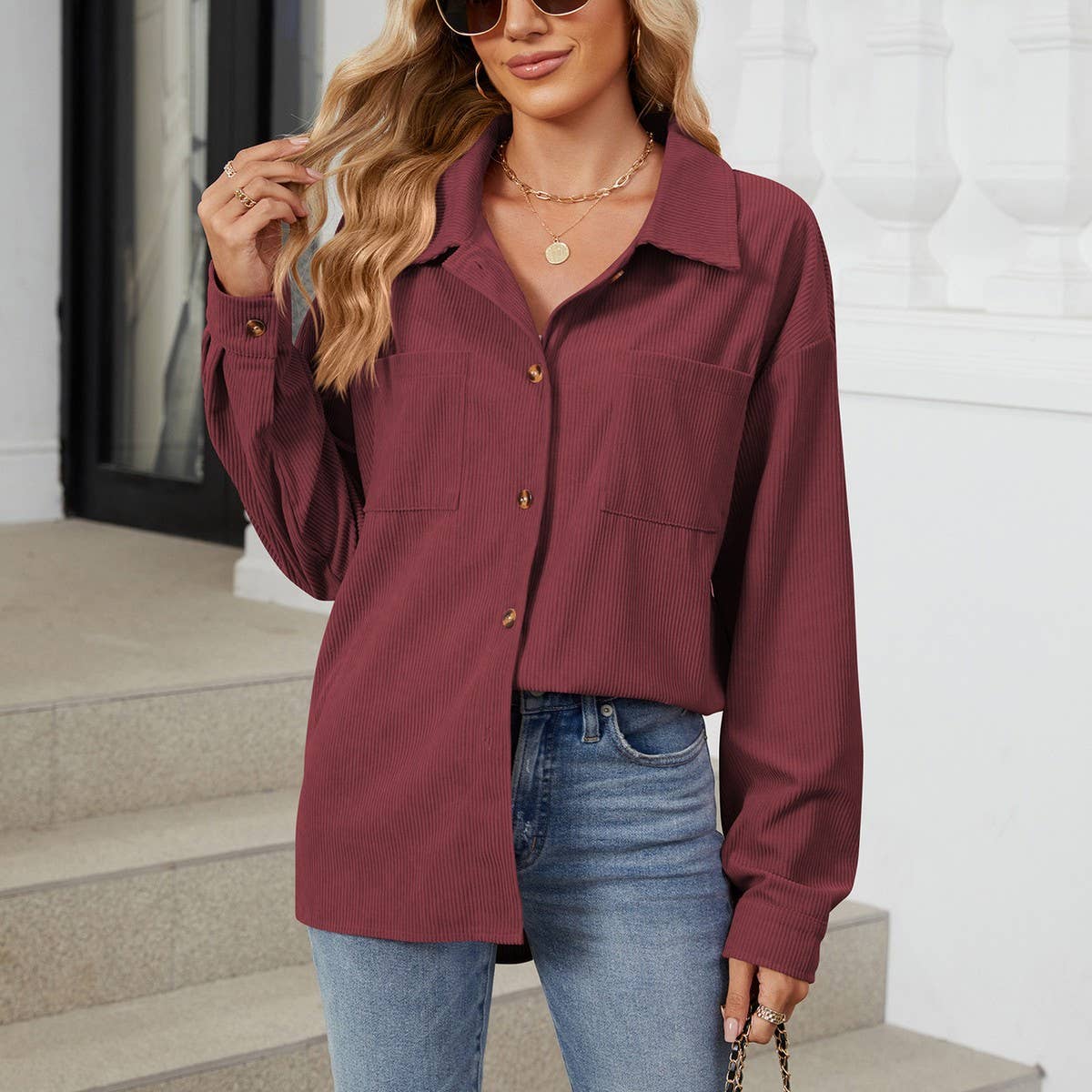 Lapel button solid color patchwork shirt jacket