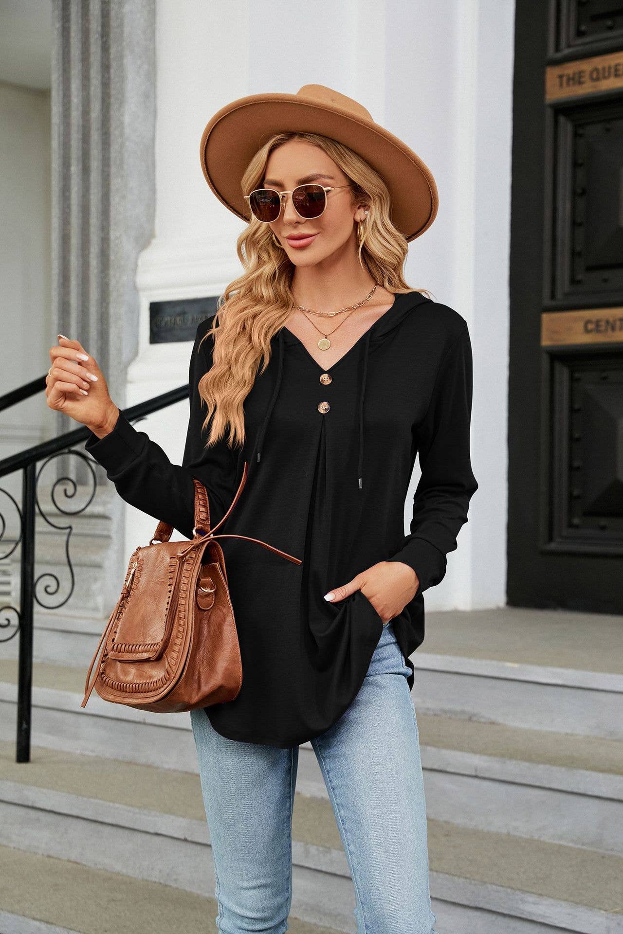 V-NECK BUTTON-UP HOODIE LOOSE LONG-SLEEVED HOODIE