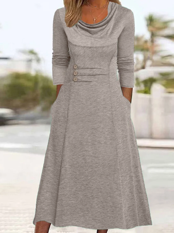 ROUND NECK WAIST BUTTON POCKET SOLID COLOR DRESS