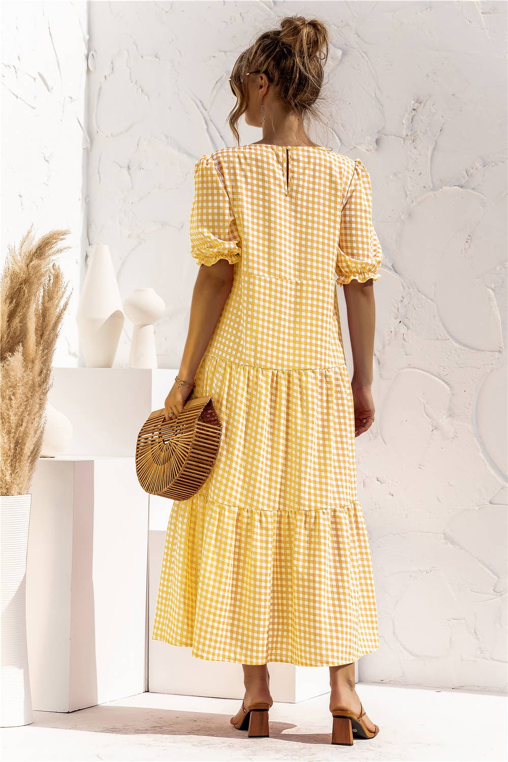 Puffed sleeve polka dot plaid patchwork dress