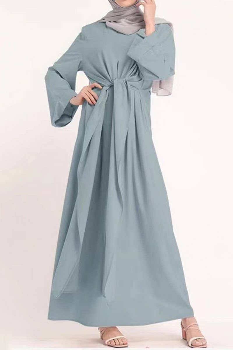 CWDMD3262_MUSLIM SOLID COLOR BELTED ROBE DRESS