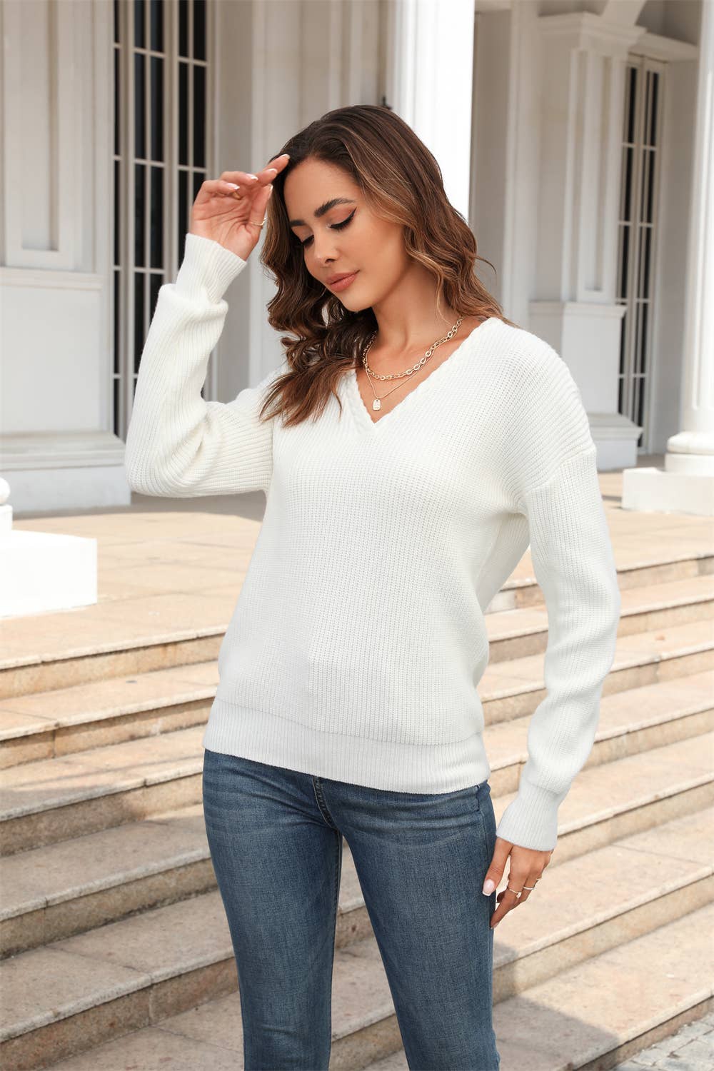 V-NECK TWIST SLIM SOLID COLOR SWEATER PULLOVER