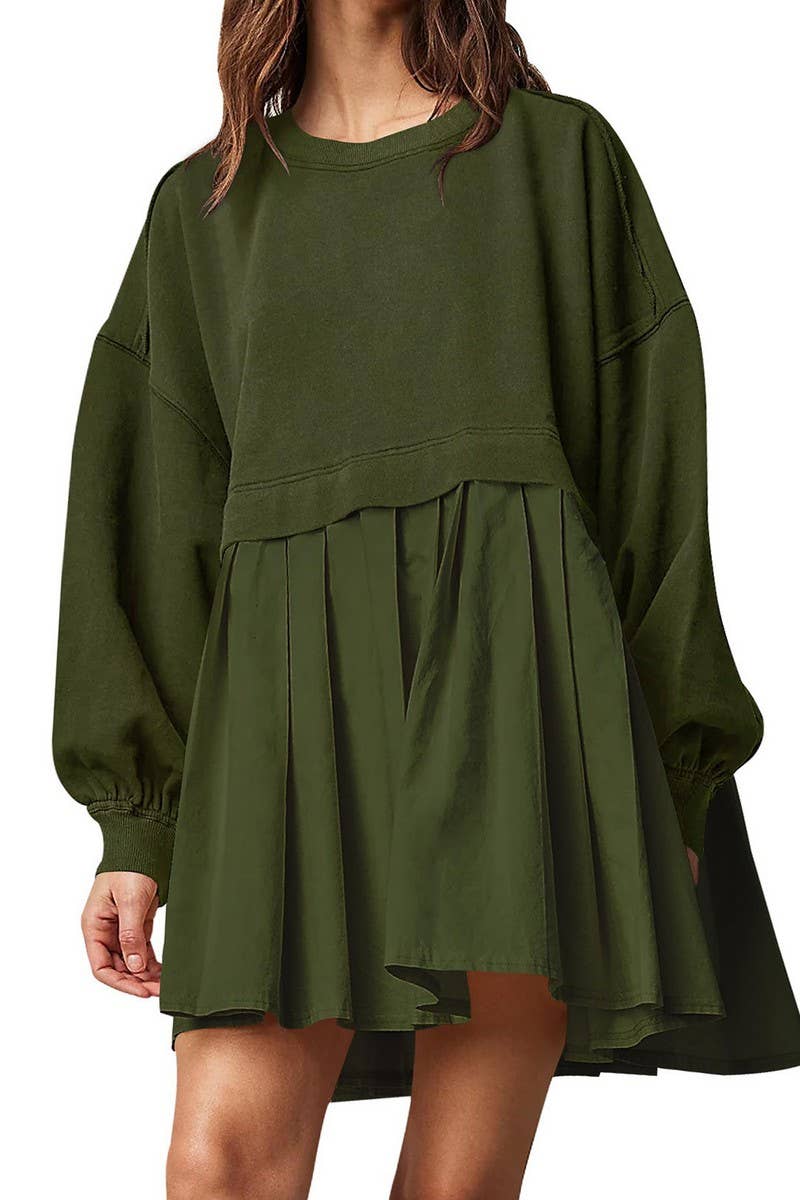 CWDSD10615_FAKE TWO-PIECE COLORBLOCK LOOSE PLEATED DRESS