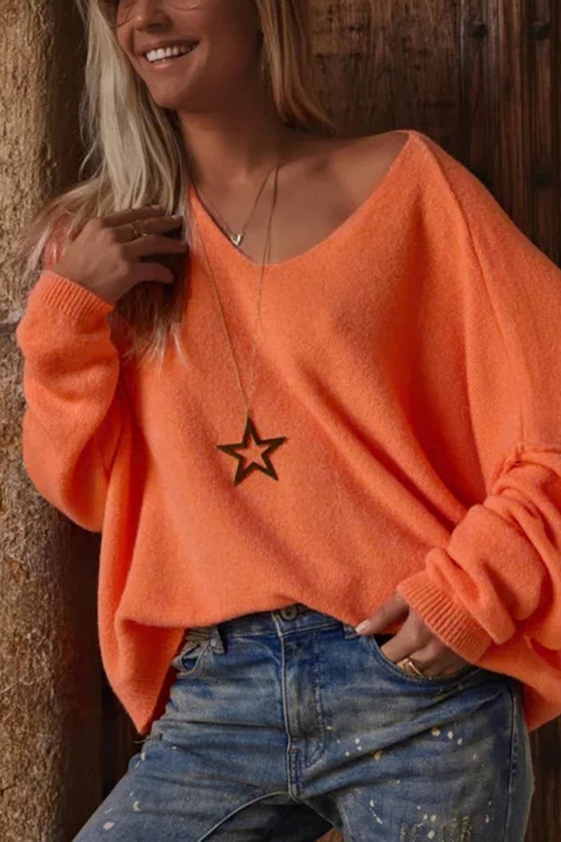 CWOSWL07455_DEEP V NECK PULLOVER LOOSE KNIT SWEATER