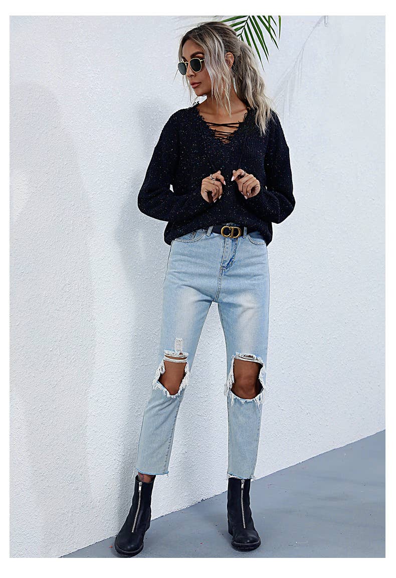 SOLID COLOR CASUAL CUT EDGE LOOSE V-NECK SWEATER