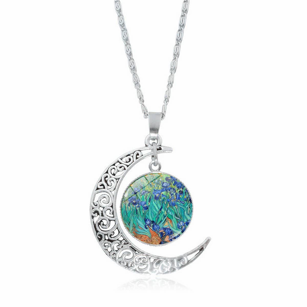 HOLLOW OUT MOON GEM PENDANT NECKLACE