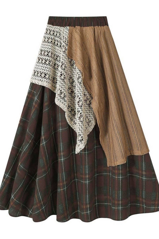 CWBLS00710_VINTAGE PLAID LACE HIGH WAIST A-LINE SKIRT