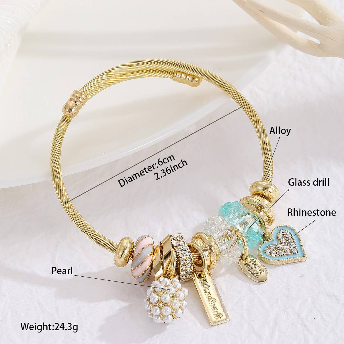Gold Bracelet with Tree, Heart & Tail Charms