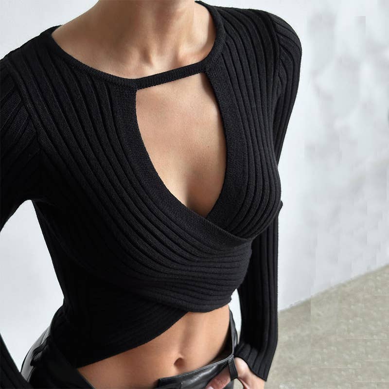 V-NECK LOW CUT THREAD FIT MIDRIFF LONG SLEEVE TOP