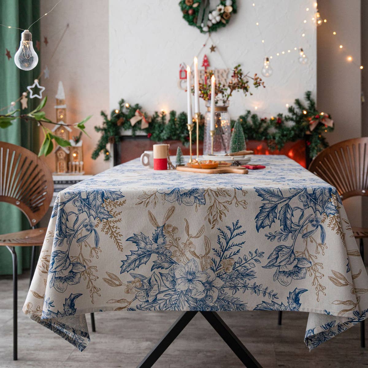 PINE BRANCH BLUE PRINTED RECTANGULAR TABLECLOTH_CWMM0948