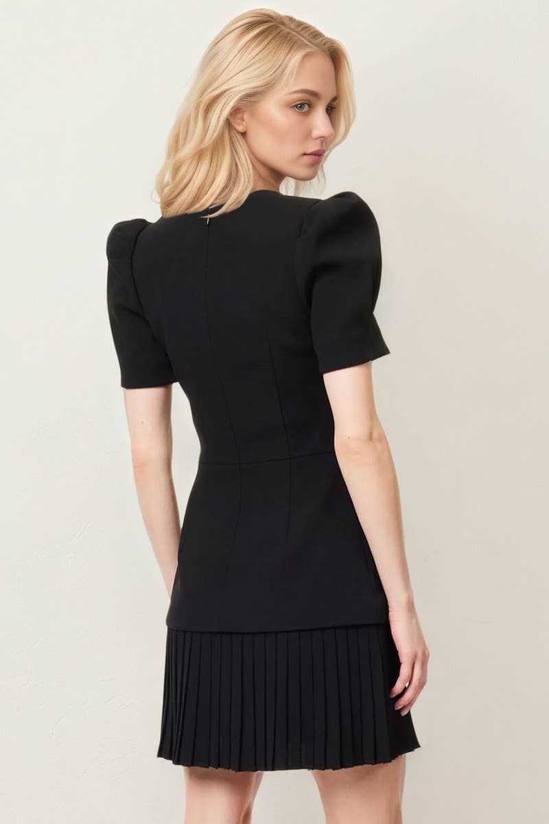 CWDSD8884_VINTAGE BUTTON PUFF SLEEVE BLACK MINI DRESS