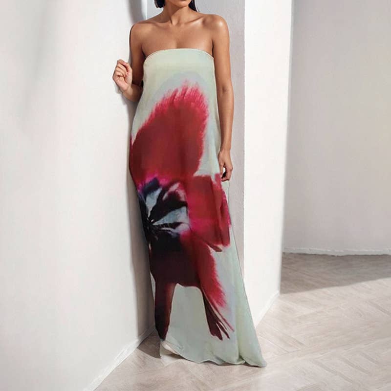 Fashion floral strapless high-waist maxi dress