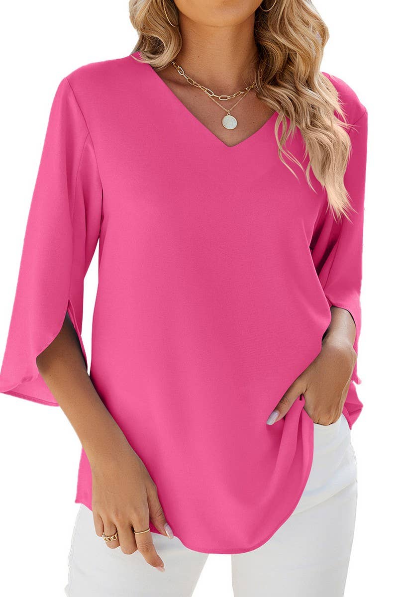 V NECK ICE SILK SOLID COLOR LOOSE CASUAL SHIRT_CWTSTS0184
