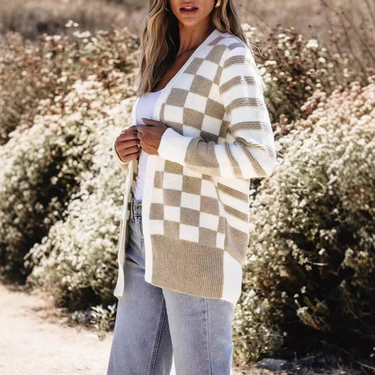 FASHION LOOSE PLAID COLOR MATCHING KNIT CARDIGAN