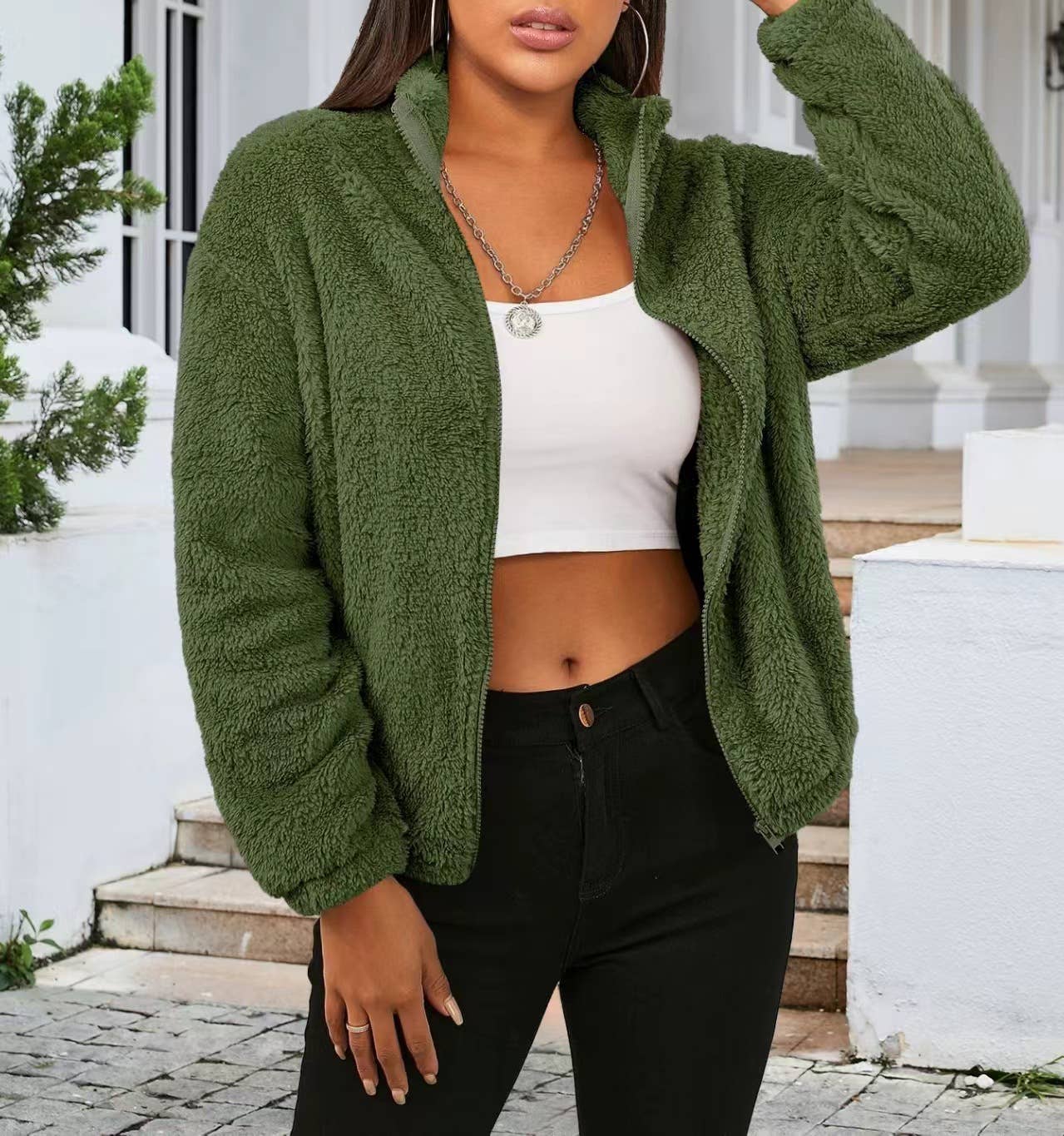 LONG SLEEVE SOLID COLOR PLUSH LOOSE WARM CARDIGAN