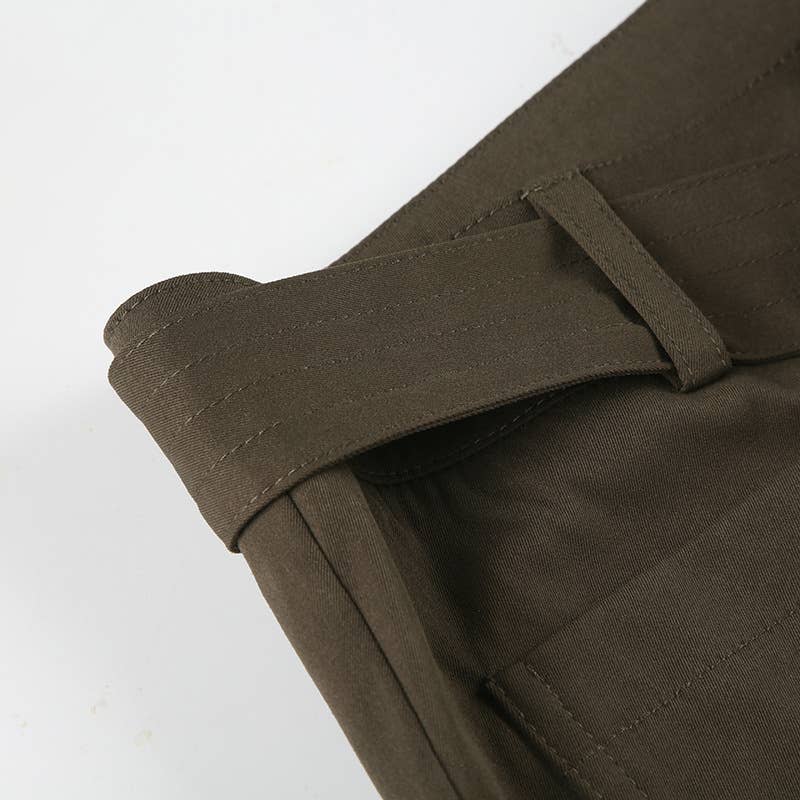 STREET STYLE SOLID COLOR BELT LACE-UP BASIC PANTS