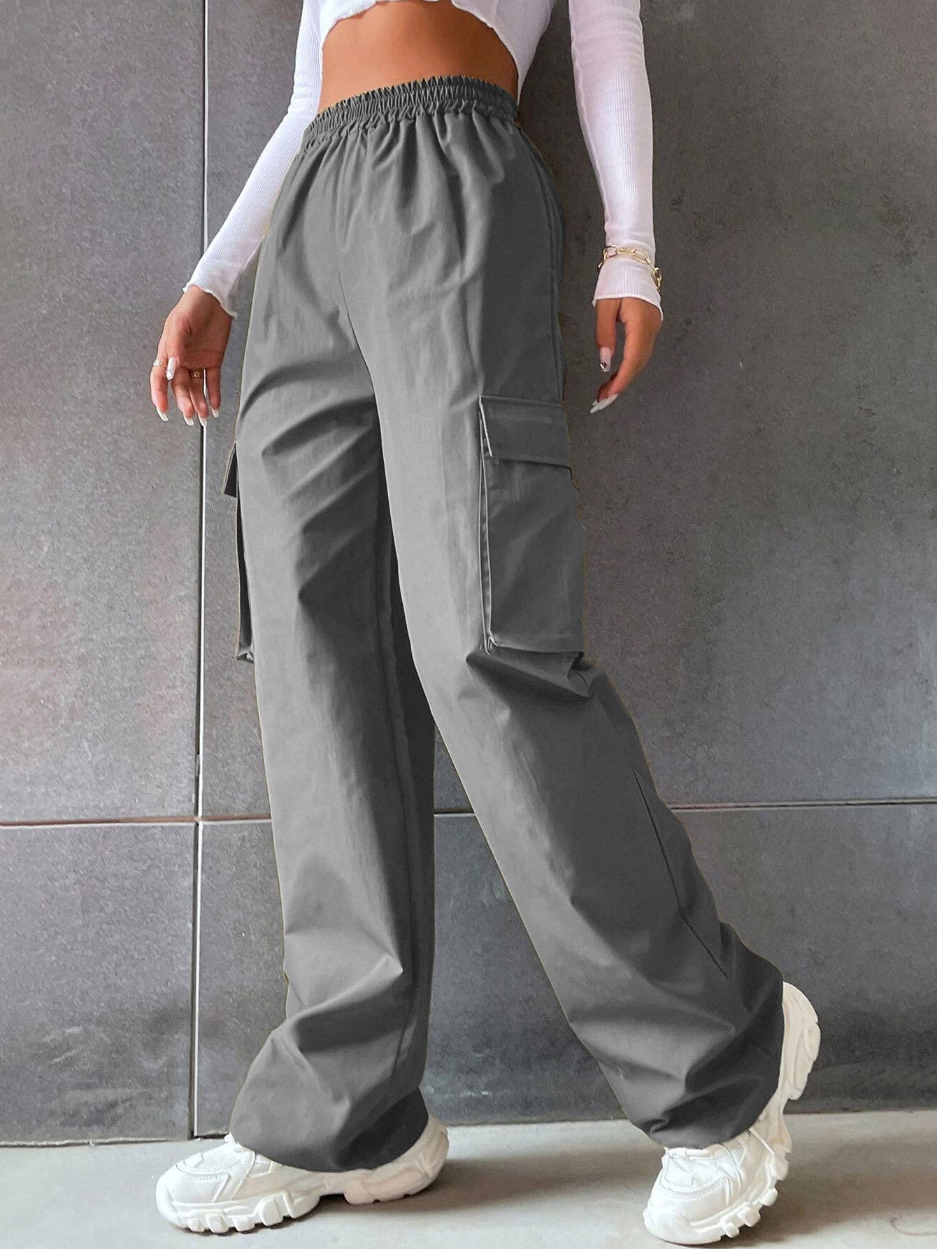SOLID COLOR HIGH-WAISTED POCKET CARGO PANTS