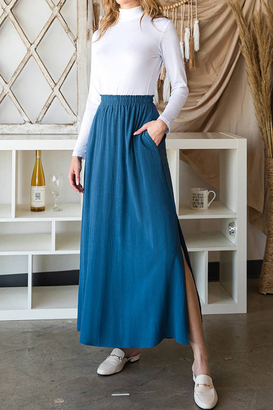 Solid color high waist drop long slit skirt