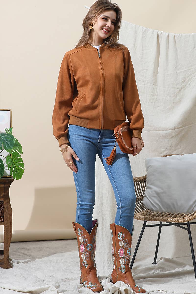 CWOJA706_WATERFALL FAUX SUEDE ZIP-UP WESTERN BOBMER JACKET