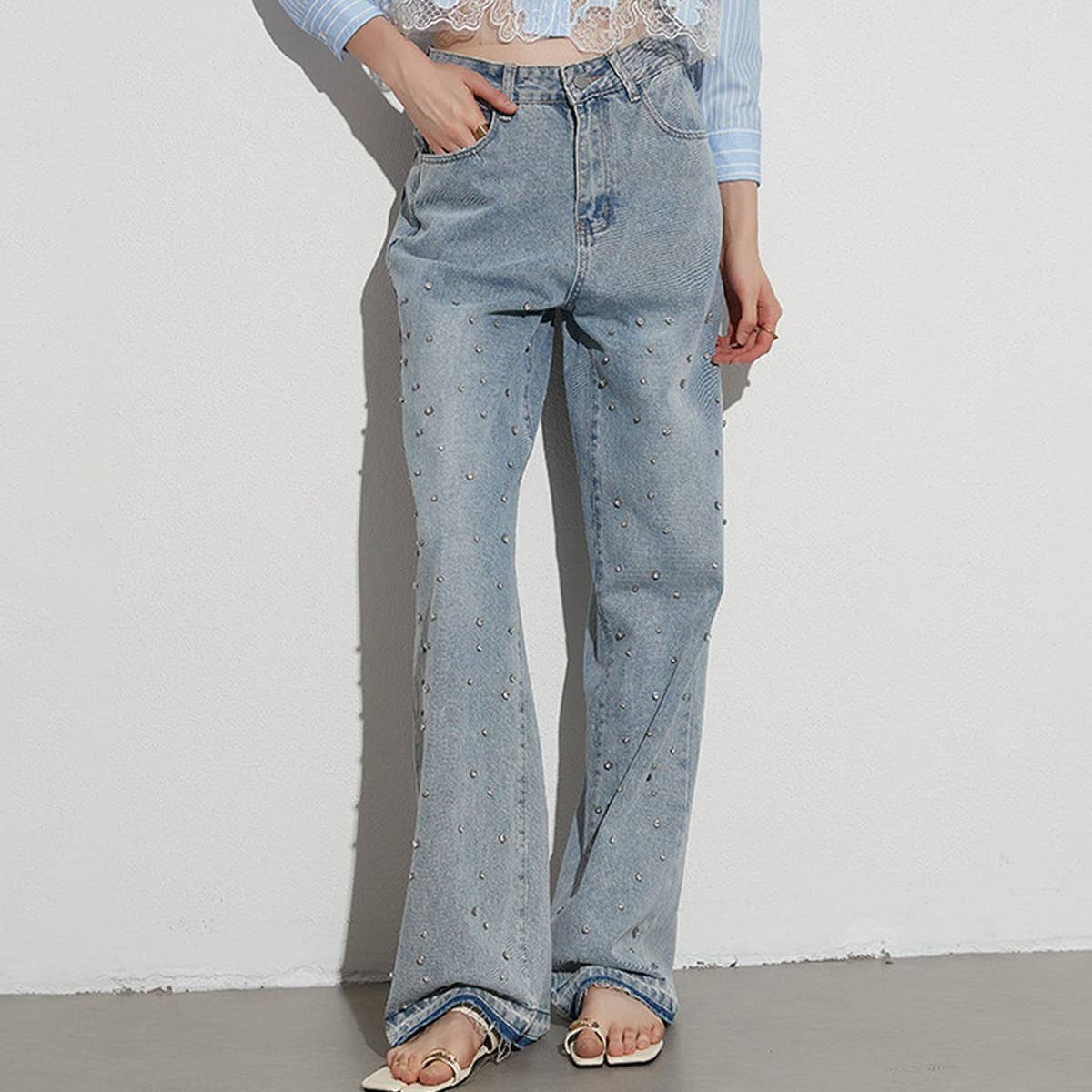 HIGH WAISTED STUDDED PEARL STRAIGHT LEG JEANS