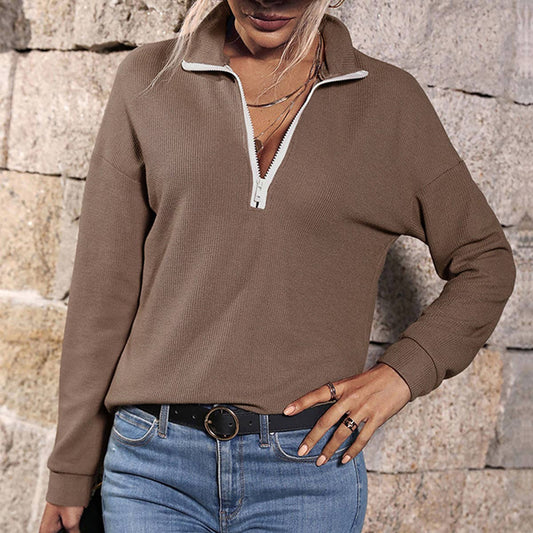 Half-Zip Long-Sleeved Solid Color Lapel Top