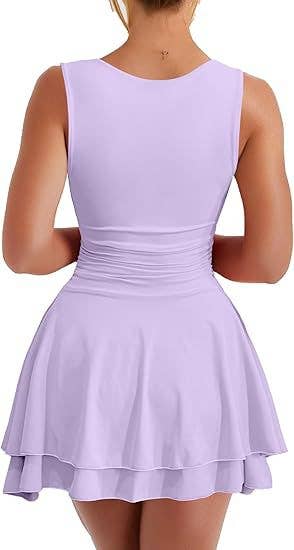 Mini dress with square neck waist pleated hem