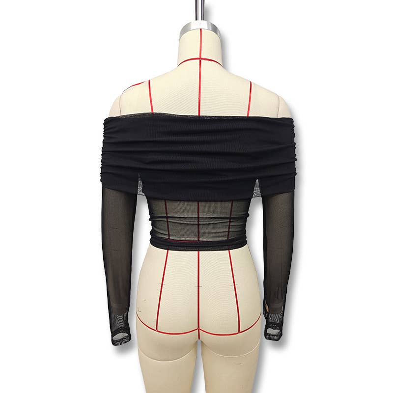 Solid color fit line neck gauze long sleeve top