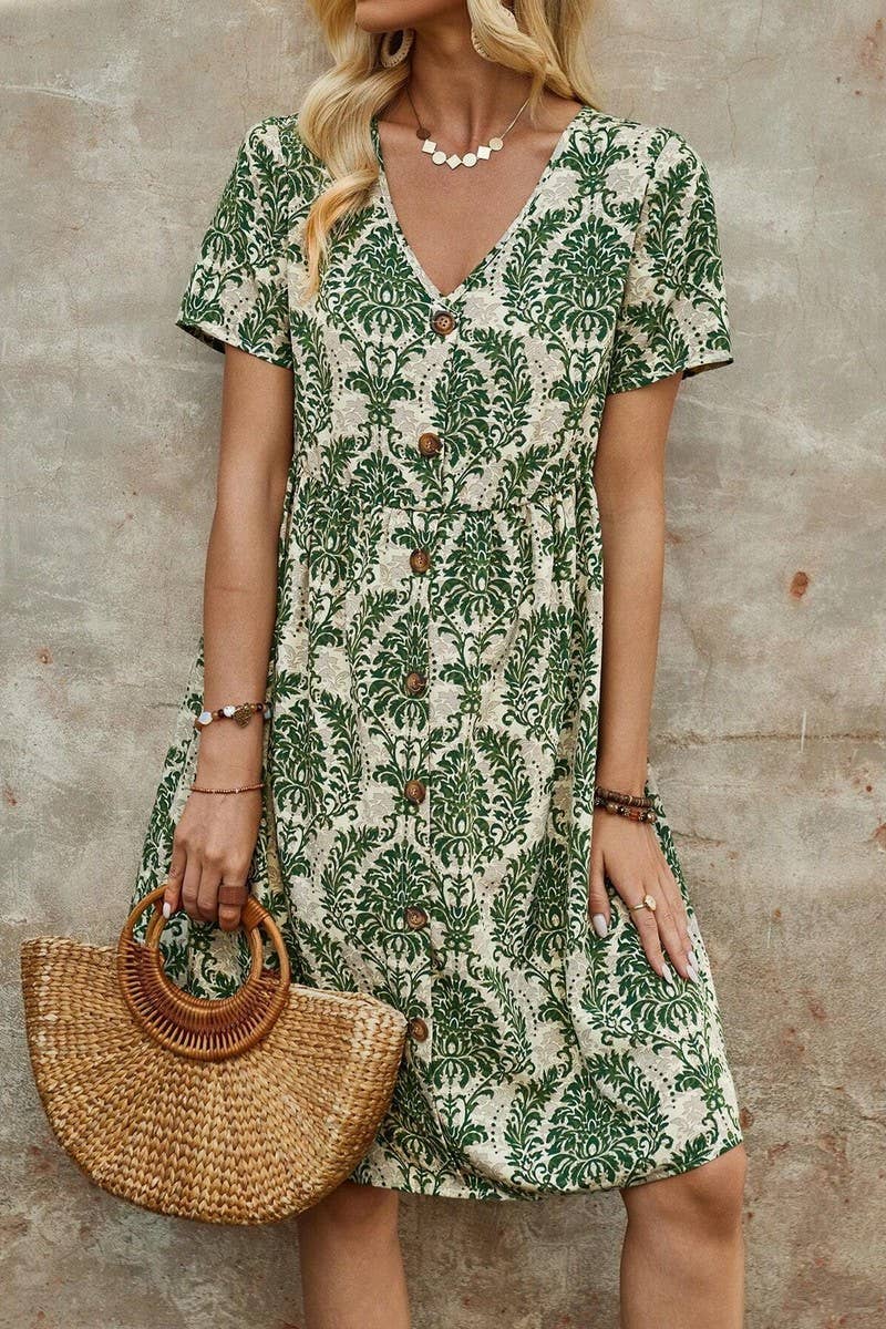 CWDSD7522_SUMMER FASHION PRINTED V-NECK LOOSE DRESS