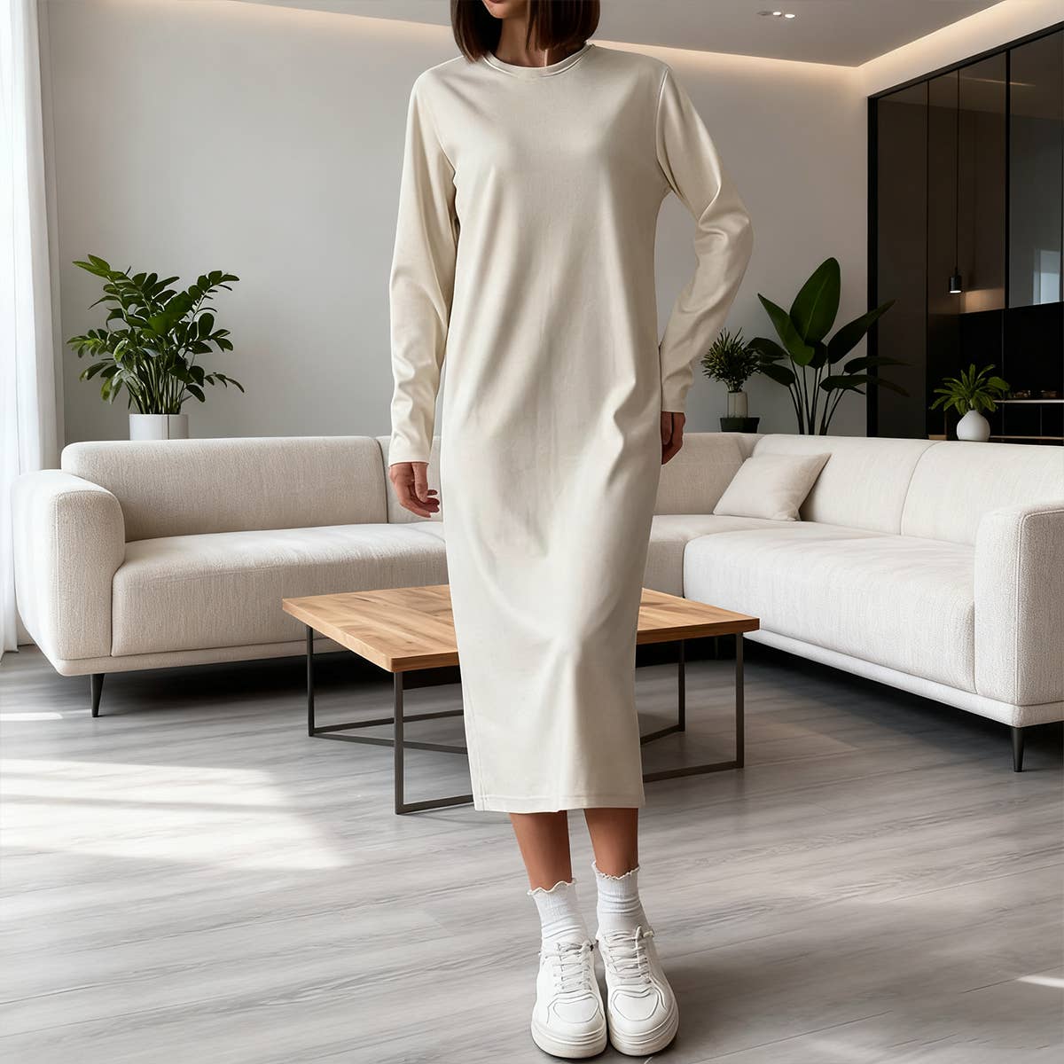 Fashion long sleeve down feel in the long dress