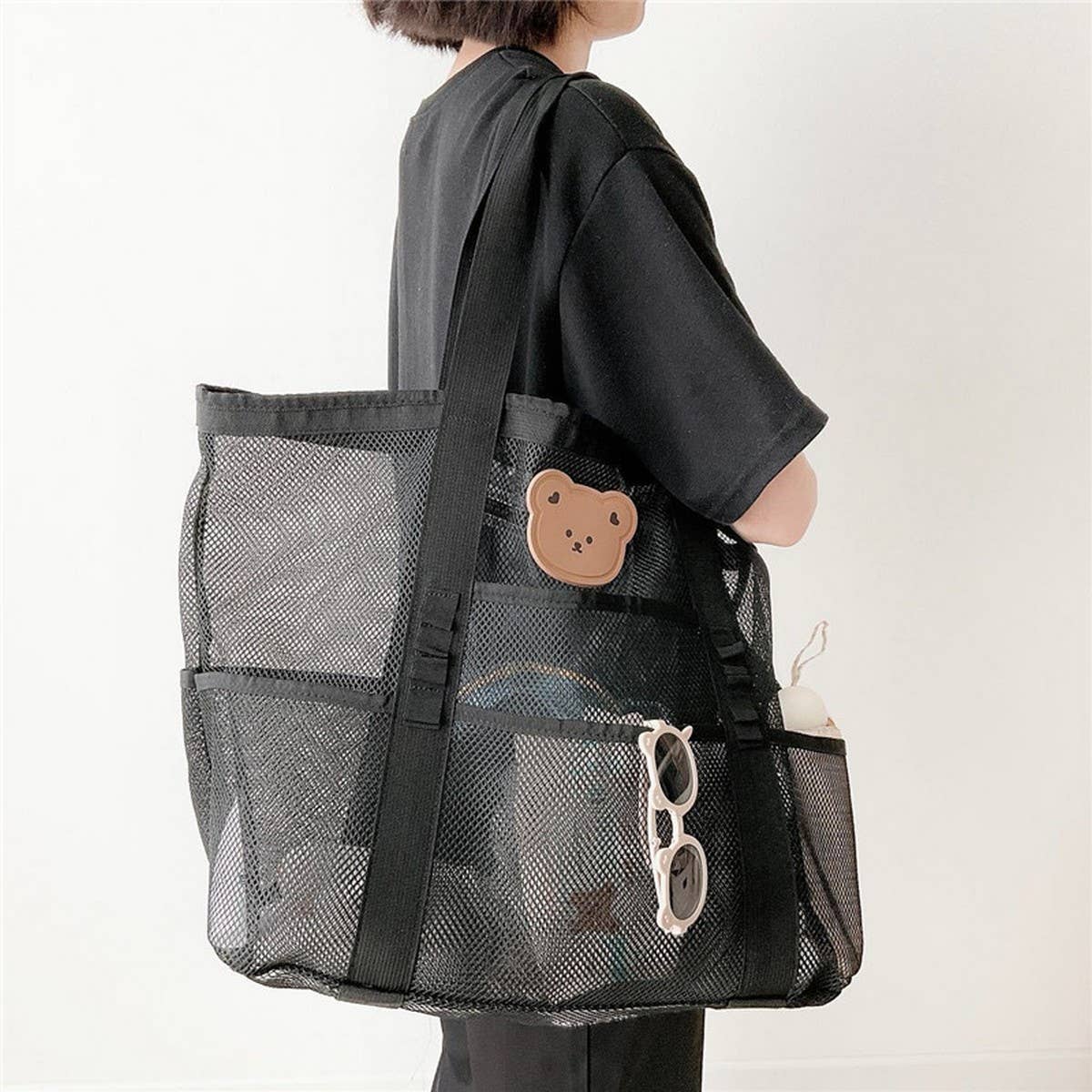 BLACK TRANSPARENT MESH HOLLOW BEACH BAG TOTE BAG_CWAB1922
