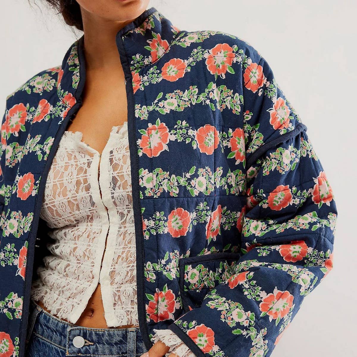 COLOUR-BLOCK FLORAL PRINT QUILTED JACKETS