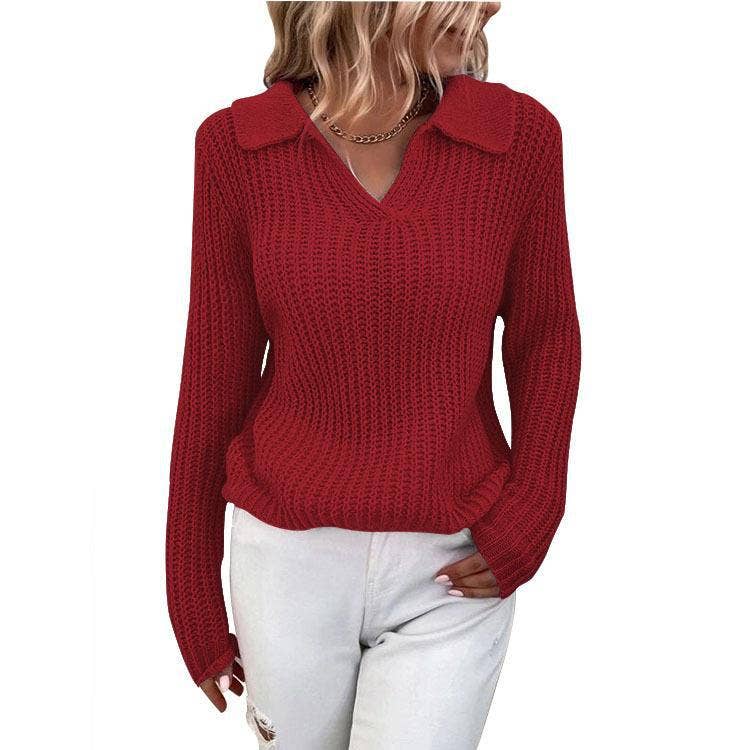 Slim-fit crew-neck sweater in solid color with lapels