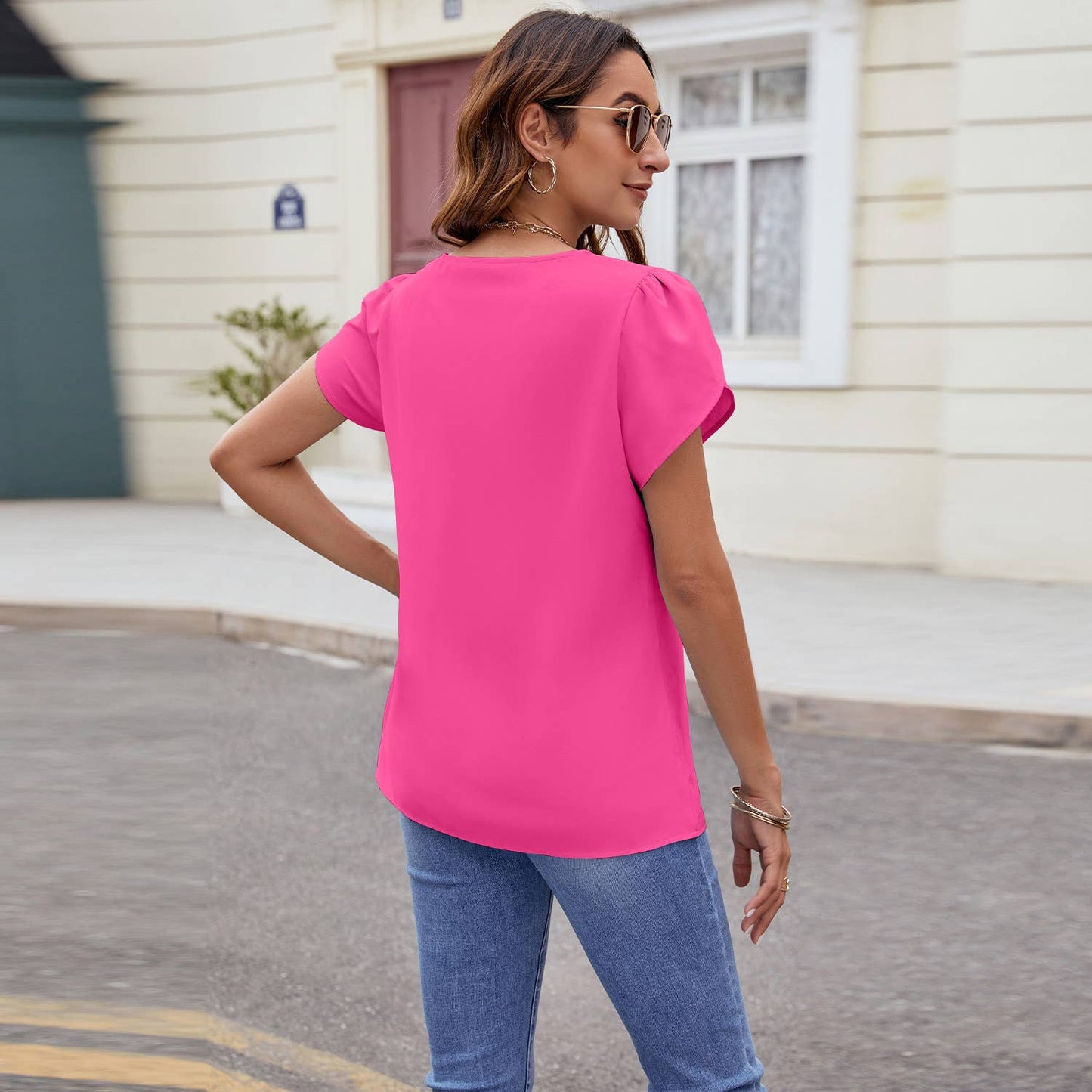 V-NECK SHORT-SLEEVED LOOSE CHIFFON PEARL TOP